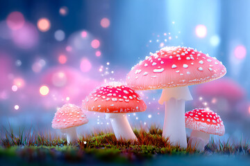 Enchanted forest scene with glowing red mushrooms, fly agarics and sparkling light