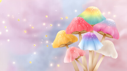 Whimsical rainbow mushrooms on dreamy pastel background with sparkles