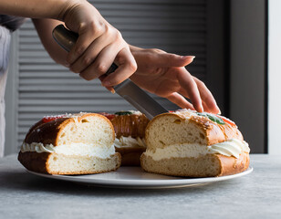 Hands cutting cream-filled sweet bun with knife on plate, close-up