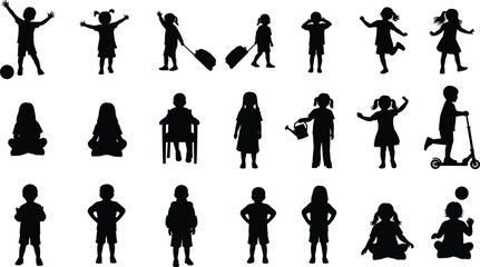 Children silhouettes playing, walking, sitting and jumping, kids activity poses collection, childhood lifestyle illustration set, isolated black figures