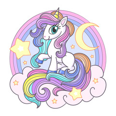 A cute rainbow unicorn on a pink cloud and rainbow. Suitable for children's prints, posters, cards, stickers, etc. Vector illustration