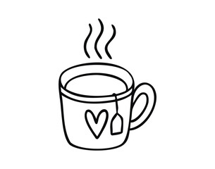 Obraz premium Cup of tea with heart line art outline, monochrome hand drawn.