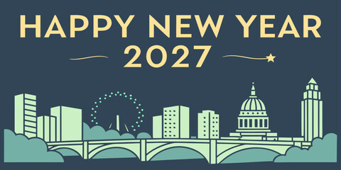 Naklejka premium USA, US, U.S, United States - Happy new year 2027 urban skyline with bridge and ferris wheel celebration greeting cityscape building architecture illustration template 