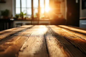 Rustic wooden table in sunlit kitchen interior, warm morning light