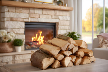 Cozy autumn scene with firewood in a warm living room interior