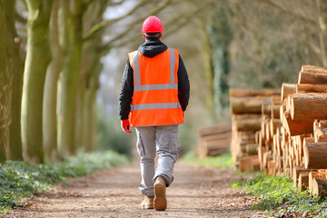 Forestry worker in safety gear walking along log-lined path