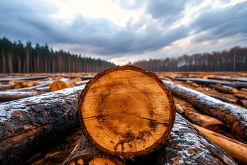 Dramatic forest landscape with cut logs and overcast sky