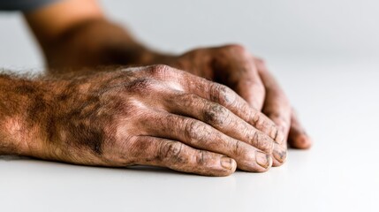 Weathered hands on clean white surface  closeup image