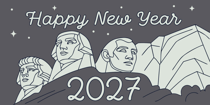 USA, US, U.S, United States - Happy new year 2027 outline illustration of mount rushmore with year s rushmore celebration presidents sculpture landmark monument architecture
