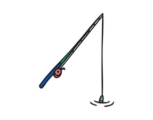 Fishing rod cast in water, hand drawn doodle