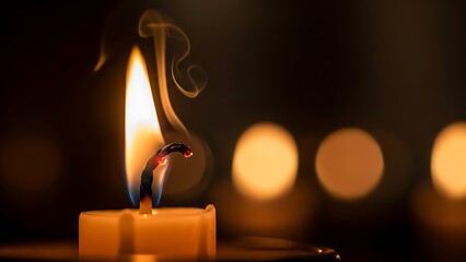 Macro Close-up of a Flickering Candle Flame with Elegant Smoke Swirls - Warm Golden Bokeh Background for Meditation and Spirituality