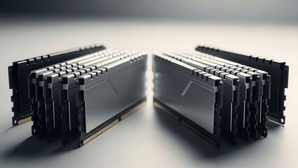 Sleek rows of advanced computer memory modules, showcasing cutting-edge RAM technology essential for high-performance computing and data processing