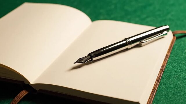 Elegant fountain pen resting on an open blank notebook with textured pages, ready for creative ideas.