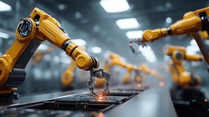 Robots operate on a production line assembling circuit boards. The setting shows multiple robotic arms engaged in tasks. Bright lights fill the factory during daytime.