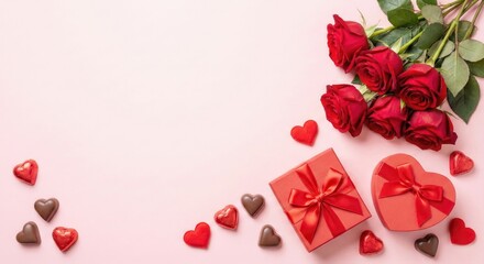 Romantic Valentine's Day setup with roses and gifts on pink background