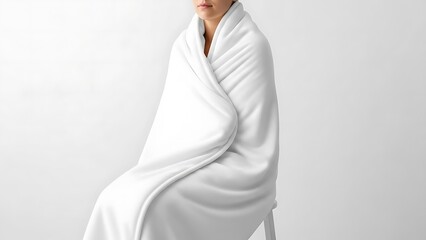 A person wrapped in a white blanket sitting on a chair, serene, isolated, indoor scene, front view