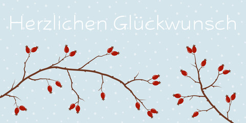 Herzlichen Gl&uuml;ckwunsch - Schriftzug in deutscher Sprache. Winterliche Gru&szlig;karte mit Hagebuttenzweigen vor einem Schneehintergrund.