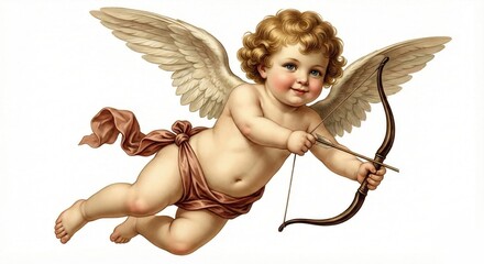 Fototapeta premium Charming cherub with bow and arrow flies through air