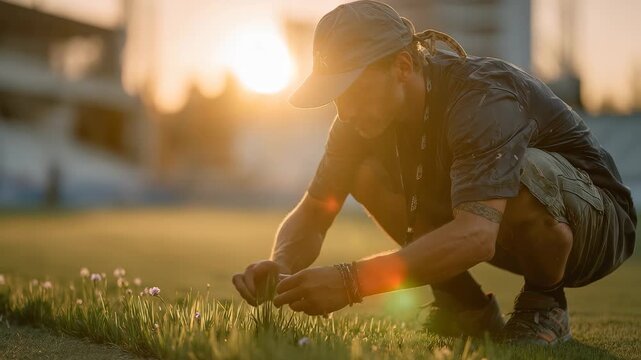 Groundskeeper cultivates vibrant grass on sports field during golden hour in urban setting, ensuring optimal play conditions for athletes and enhancing aesthetic appeal of venue