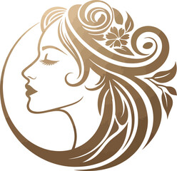 Artistic Female Profile Illustration with Ornamental Flowing Hair and Floral Accents