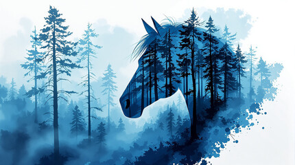 Horse profile as a dense blue forest a mystical blend of animal and nature digital art with cool