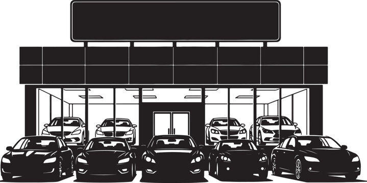 Black and white of a car dealership showroom with multiple cars displayed also transparent background