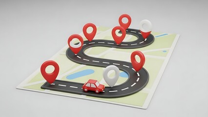 Map with red location pins and a small car
