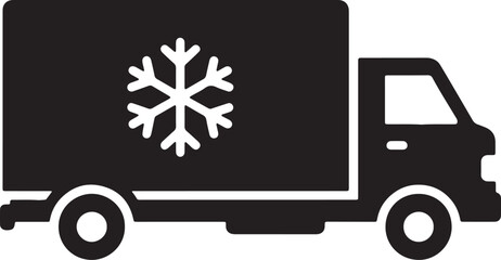 Black silhouette of a refrigerated truck with a white snowflake symbol on its side also transparent background