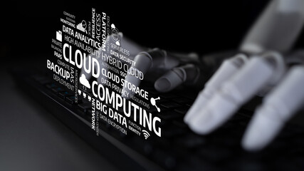 A dynamic visualization depicting robotic hands typing on a keyboard, surrounded by terms related to cloud computing and data analytics, showcasing technological progress. Tessel