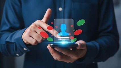 Man holding smartphone with glowing blue icon and colorful shapes