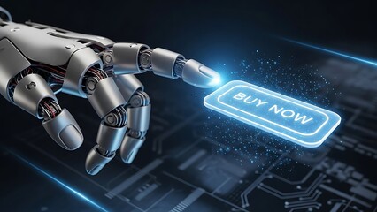 Robot hand pressing buy now button