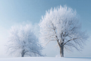 Frosted trees in snowy landscape winter