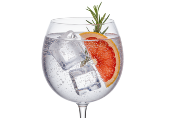extreme macro close-up of premium gin and tonic in a frosted copa glass, square ice, rosemary, and red grapefruit, dramatic backlighting, isolated on transparent, concept for beverage advertising