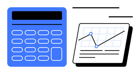 Calculator and analytics chart with line graph, numbers, and data trends. Ideal for finance, accounting, data tracking, business analysis, education investment and technology. Simple flat metaphor