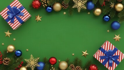 Festive holiday border with gifts and ornaments