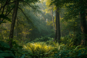 Misty forest with sunlight on ferns trees green