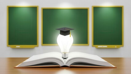 Lightbulb graduation cap on open book