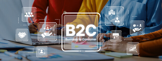 A group of professionals work together at a desk, surrounded by digital graphics representing the business to consumer model. Ideal for marketing and business themes. Trope