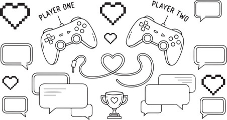 Doodle valentines day illustration of video game controllers and elements for two players, hand drawn style valentine
