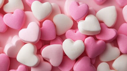 Obraz premium Heart shaped candies in pink and white colors are scattered across a pink surface. These candies can be used for parties holidays or occasions. They add fun to any gathering.