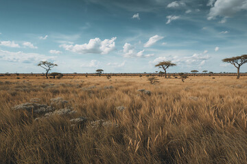 Savannah landscape with acacia trees and dry grass