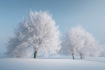 Snowy landscape with frosty trees winter