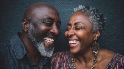 Two people are smiling and laughing together. They appear to be enjoying each other's company. The backdrop is a simple dark wall and the time seems to be during the day.