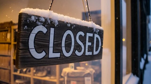Closed sign, weathered wood, hangs on snowy shop window. Fresh snow covers sign top, camera rotates right, revealing temporary closure message. Concept closed sign for small business,
