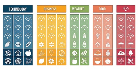 Collection of four colorful square business web banners with numbered vector icons and a seamless floral pattern design element for decorative template labels