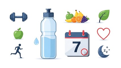 Fitness-themed icons featuring water bottle, fruits, and exercise symbols  