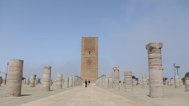 Wide view of Hassan Tower landmark in Rabat, Morocco