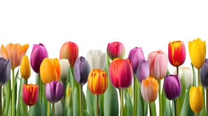A collection of tulips in multiple colors and sizes fills the garden. The scene shows flowers blooming under bright sunlight showcasing the beauty of spring.