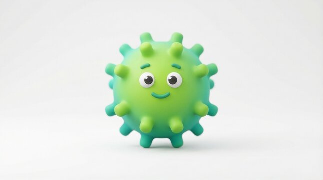 Green virus character with soft spikes on white background 3d render icon