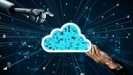 A visual representation of collaboration between human intelligence and artificial intelligence, showcasing a robot and human hand reaching for cloud technology in a digital landscape. Xenic